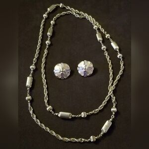 Vintage 45" Long Goldtone Rope & Fluted Bead Necklace+Clip Back Enamel Earrings